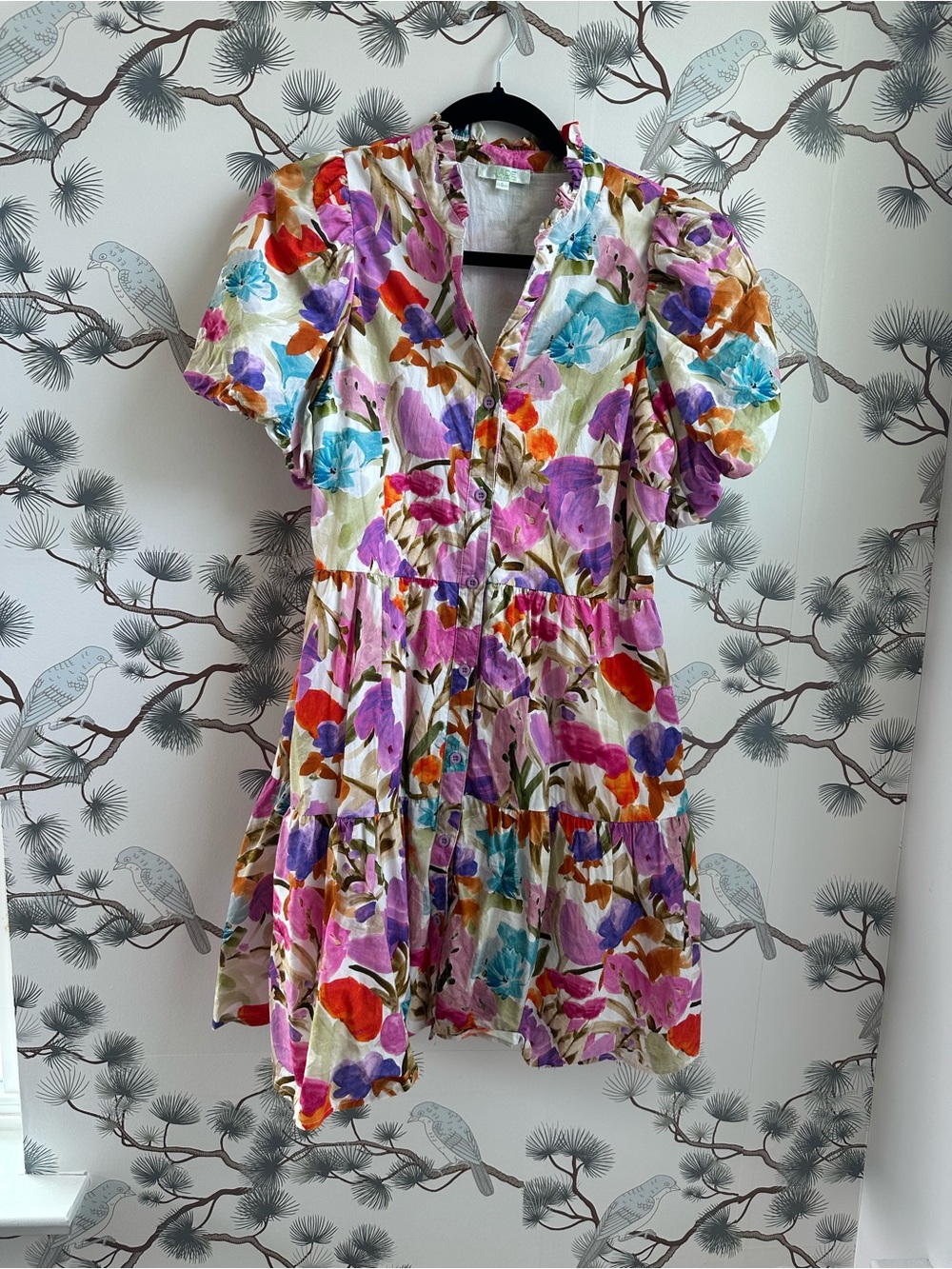 Jade Melody Tam Floral Puff Sleeve Tiered Mini Dress 100% Cotton Size Small